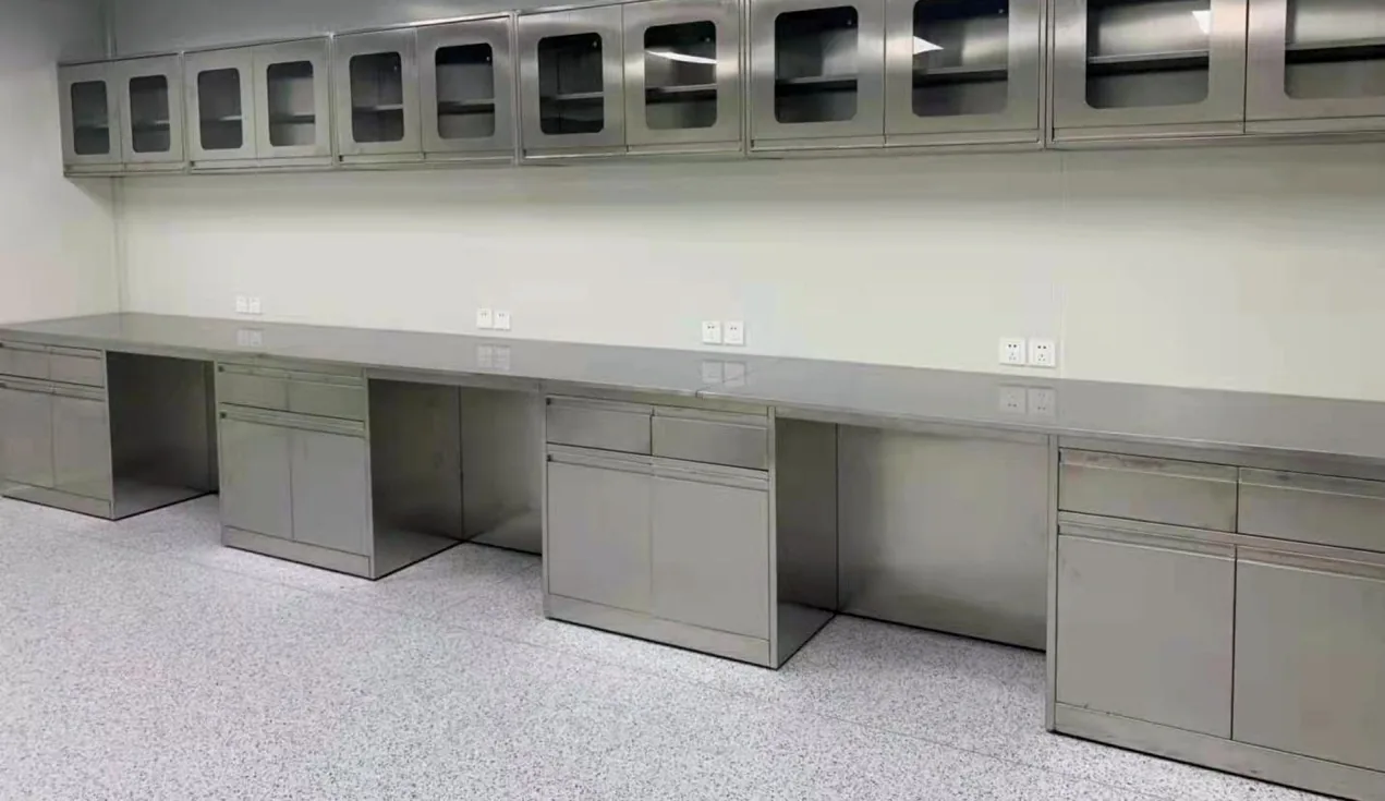Stainless steel laboratory wall bench and storage run